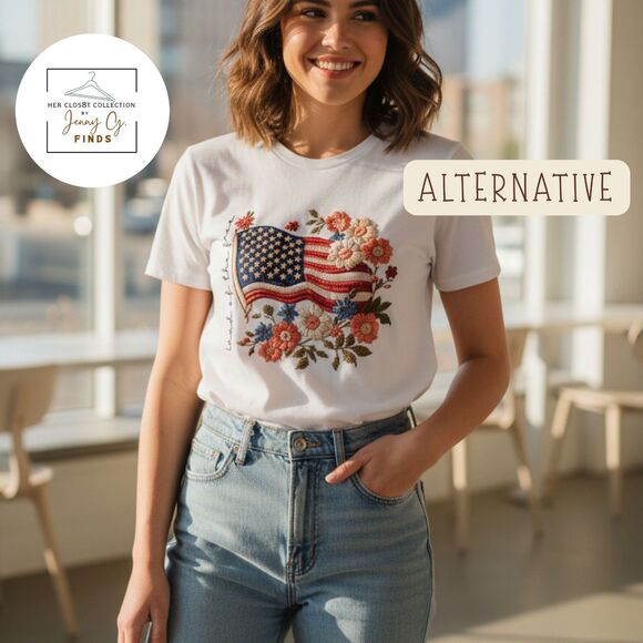 Alternative 100% Cotton Cursive "Land of the Free" Flag Floral Patriotic Tee M - Picture 1 of 15